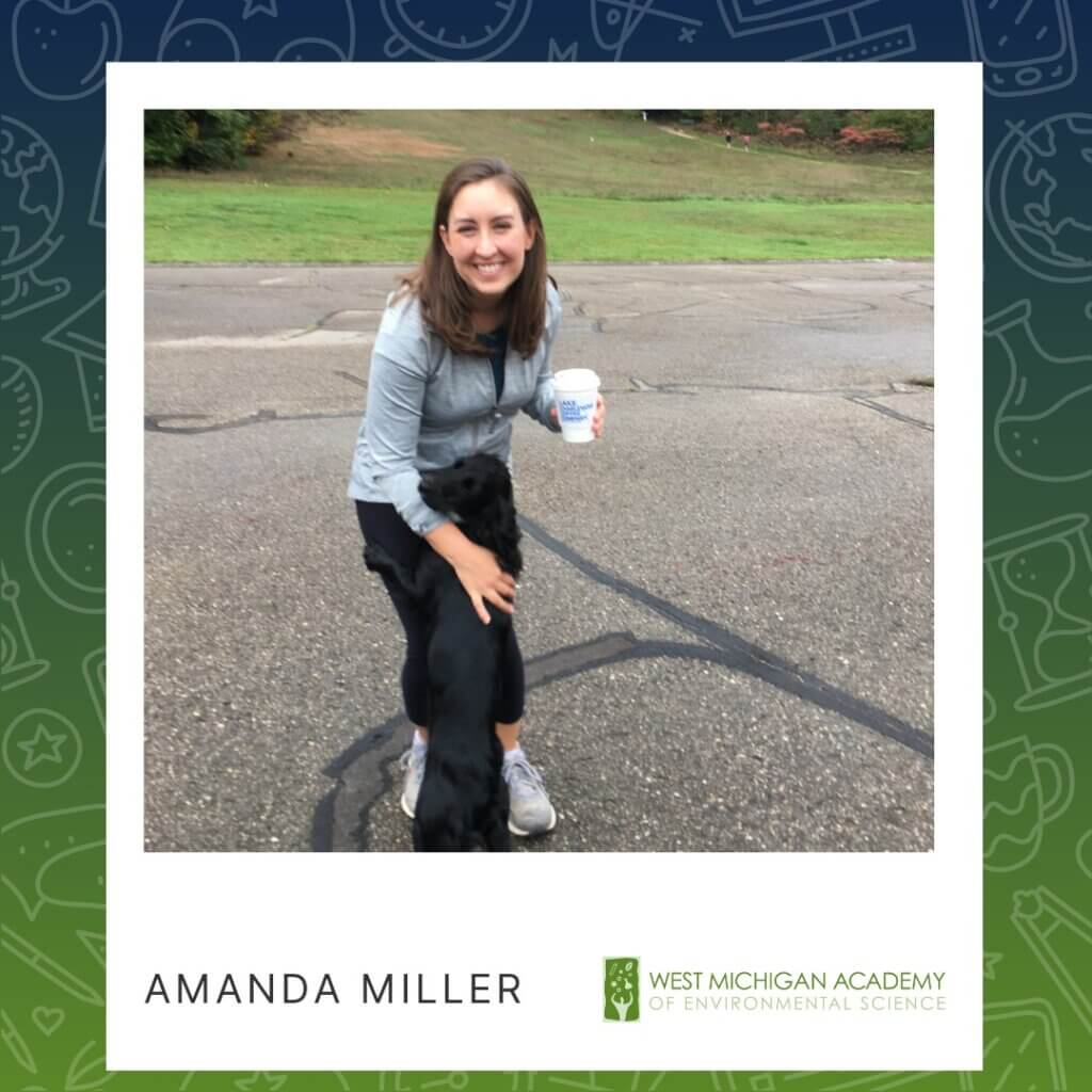 Image of West Michigan Academy of Environmental Science Kindergarten teacher Amanda Miller posing for a picture with her dog.